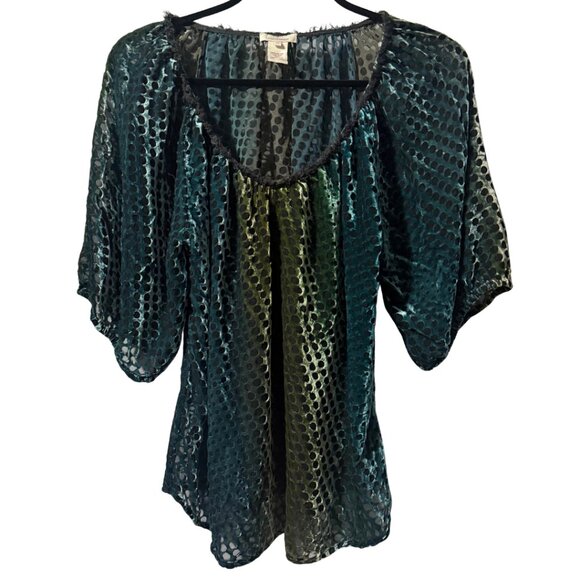 Sundance Sheer Velvet Burnout Polka Dot Blouse – Blue Green Ombre, Size M - Picture 4 of 11